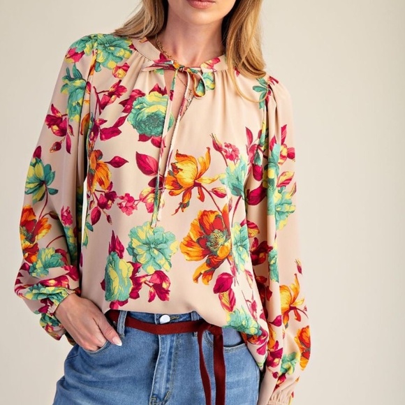 Easel Los Angeles Tops - New Easel Women's Floral Tie Neck Blouse Pullover Woven Long Sleeve Relaxed fit!